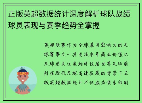 正版英超数据统计深度解析球队战绩球员表现与赛季趋势全掌握