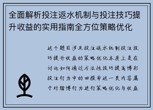 全面解析投注返水机制与投注技巧提升收益的实用指南全方位策略优化